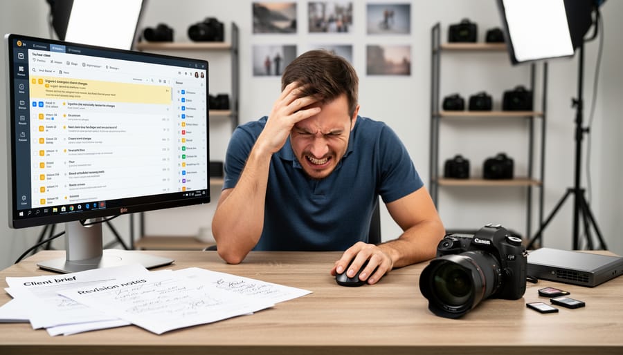 Photographer looking stressed while reviewing client photos on laptop at desk