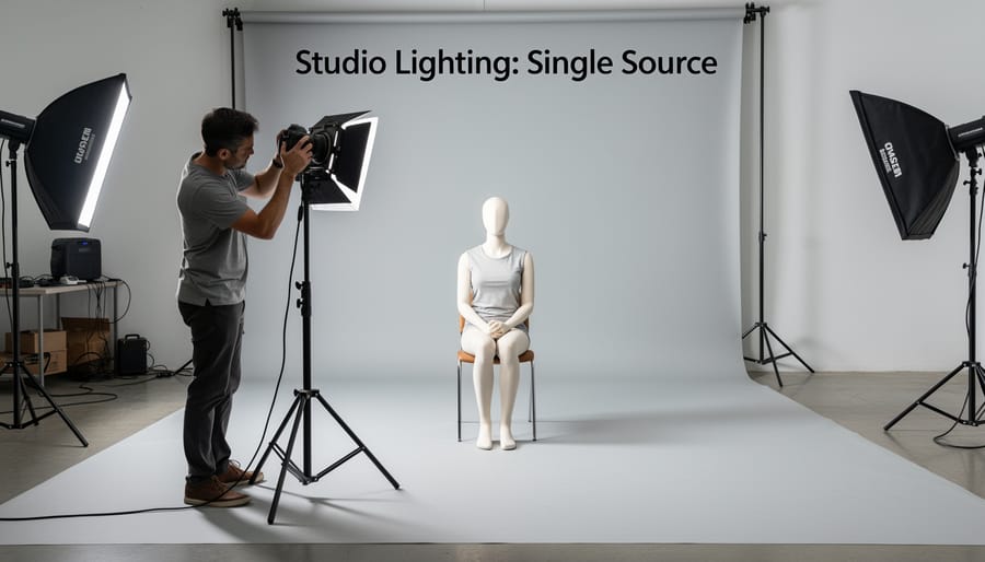 Photographer working with single beauty dish light in studio environment