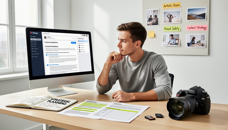 Photographer reviewing printed portfolio photographs and taking notes at workspace