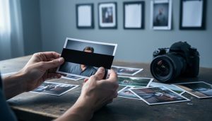 Close-up from above of a photographer’s hands holding a photo print partially blocked by a black bar on a worktable with scattered prints and a DSLR camera, with a blurred gallery wall behind where several framed images are covered by plain paper.
