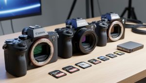 Three unbranded mirrorless cameras with CFexpress and SD cards and a compact external SSD on a wooden desk, softly lit, with a blurred monitor glow, tripod, and cables in the background.