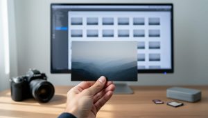 Photographer’s hand holding a glossy landscape print at a studio desk, with a computer monitor in the background showing a blurred grid of blank placeholders, DSLR camera and SD cards nearby.
