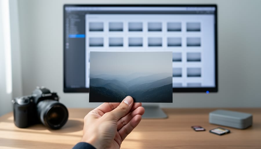 Photographer’s hand holding a glossy landscape print at a studio desk, with a computer monitor in the background showing a blurred grid of blank placeholders, DSLR camera and SD cards nearby.