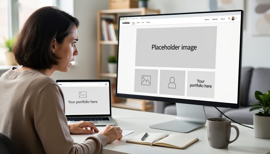 Photographer reviewing portfolio website on smartphone showing broken image placeholders