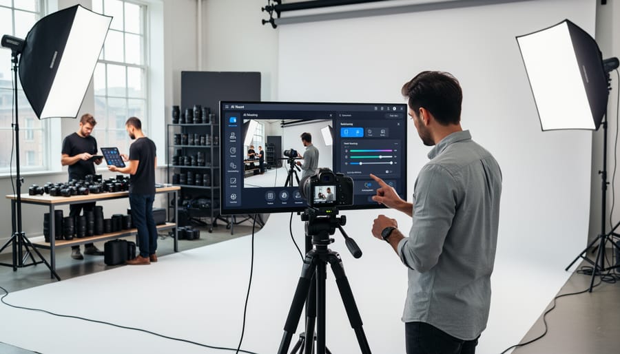 Professional photography studio setup with camera equipment and multiple monitors showing edited photographs
