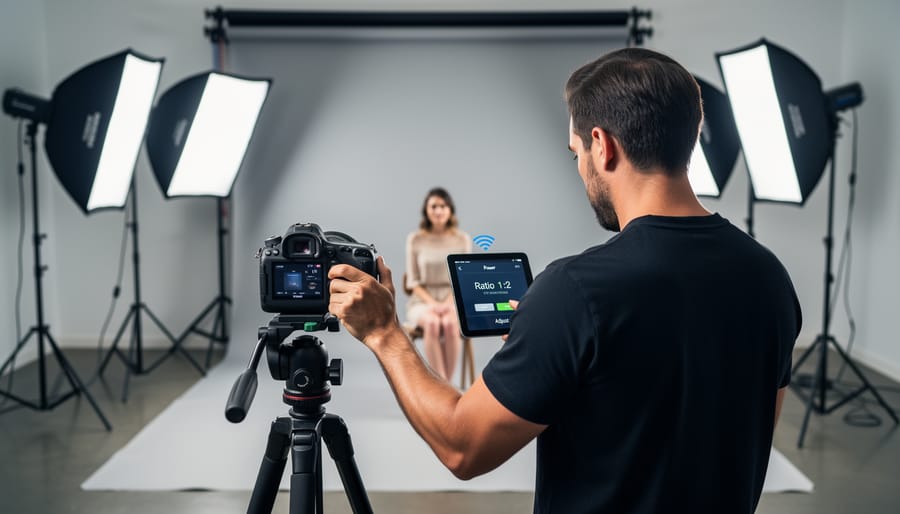 Photographer reviewing portrait on camera LCD with wireless lighting setup visible in background