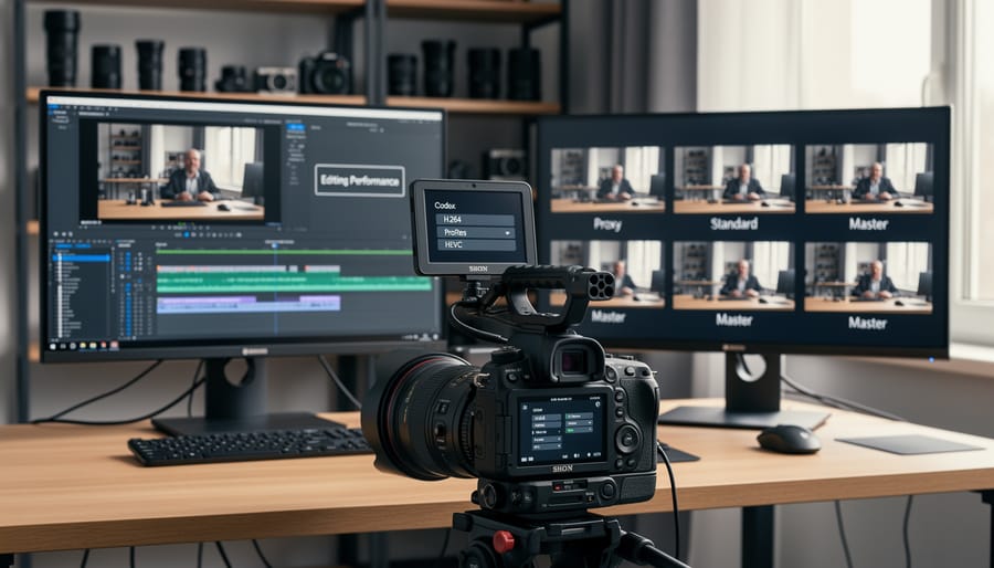Photographer adjusting video codec settings on camera LCD screen in field