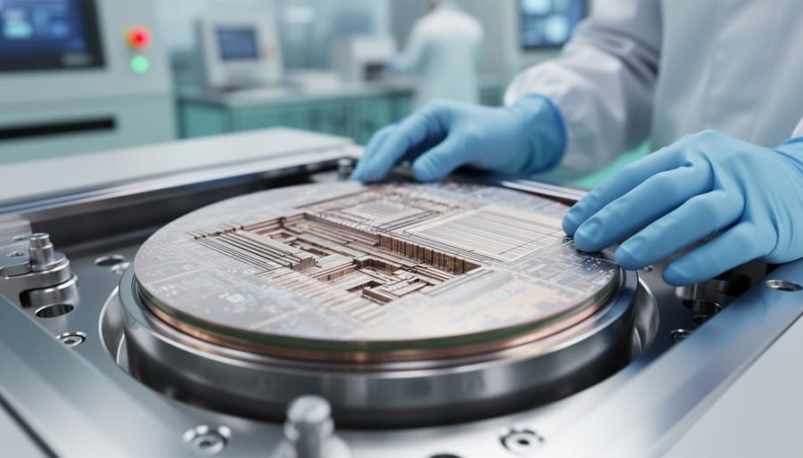 Silicon wafer being inspected in semiconductor manufacturing facility