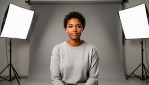Medium close-up studio portrait showing Rembrandt lighting from a single softbox at 45 degrees above eye level, with a silver reflector opposite and a softly blurred neutral gray backdrop; sharp focus on the subject’s eyes.