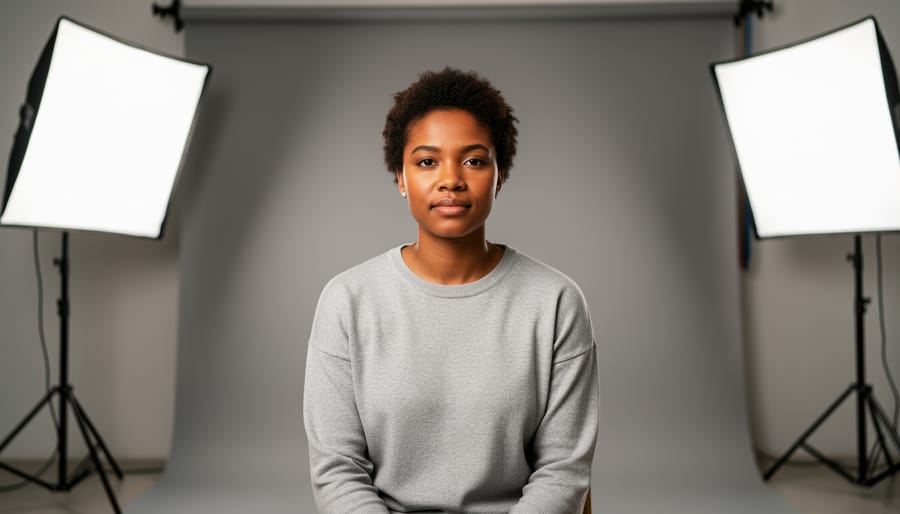 Medium close-up studio portrait showing Rembrandt lighting from a single softbox at 45 degrees above eye level, with a silver reflector opposite and a softly blurred neutral gray backdrop; sharp focus on the subject’s eyes.