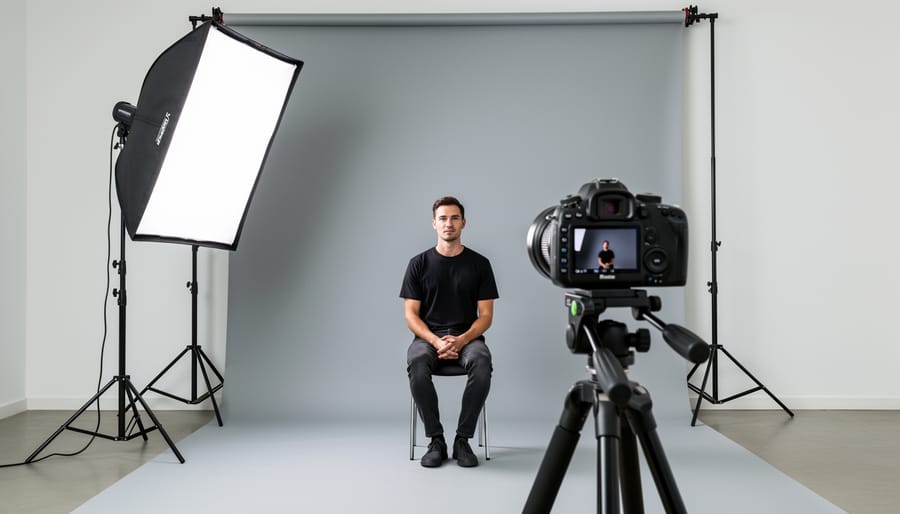 Studio strobe with softbox modifier on light stand photographed from above