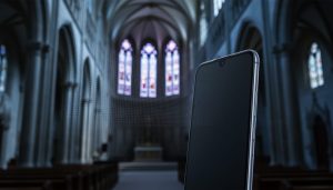 Close-up of a smartphone emitting a faint infrared dot pattern in a dim cathedral, with sharp focus on the device and dots and softly blurred arches and pillars in the background.