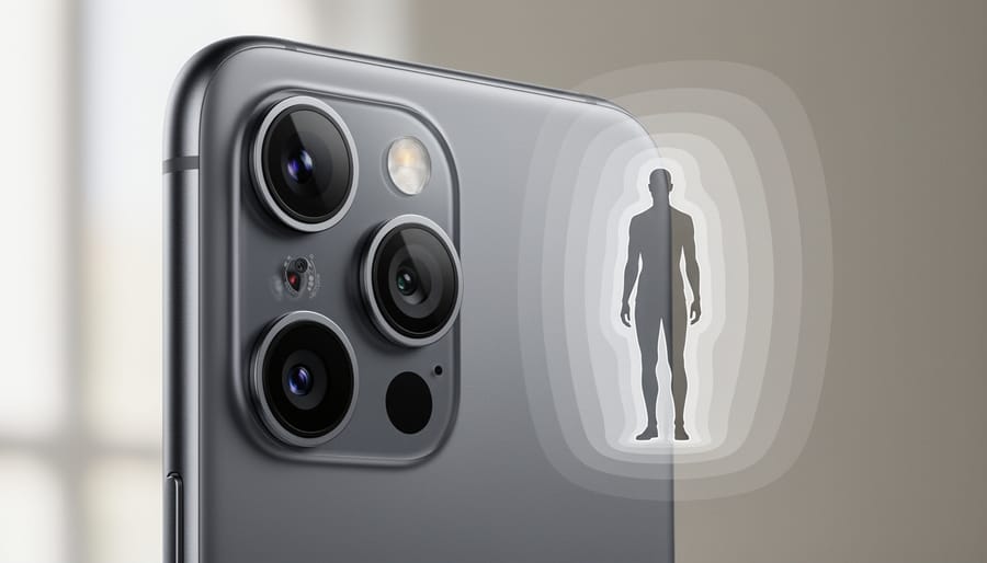Smartphone with multiple camera sensors being used to capture portrait mode photograph
