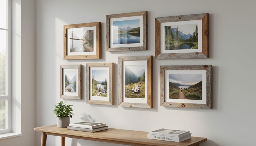 Framed photograph in sustainable reclaimed wood frame mounted on wall with natural lighting