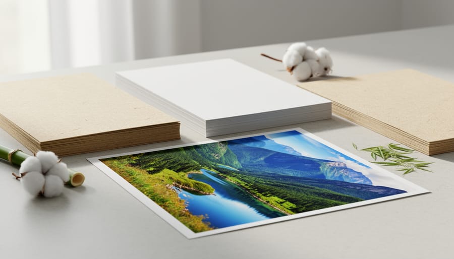 Close-up comparison of eco-friendly photo paper textures including bamboo and recycled materials