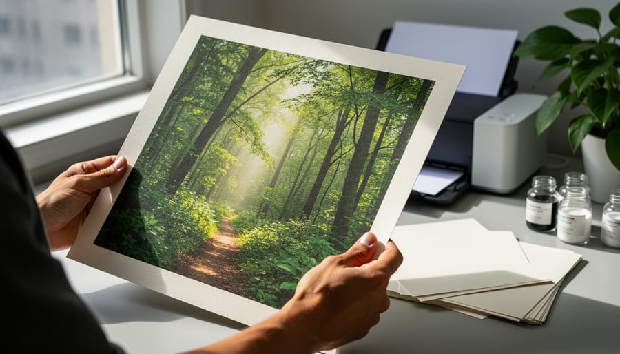 Hands holding a large forest photo printed on matte recycled paper under soft daylight, with a compact printer, paper stacks, unlabeled glass ink jars, and a leafy plant blurred in the background.