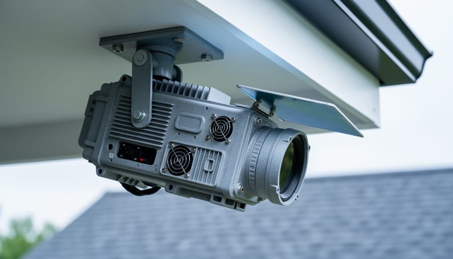 Close-up of a thermal analog camera with external heat sinks, small cooling fans, and a reflective sunshade, mounted under an eave with visible clearance for airflow; soft daylight and a blurred rooftop in the background.