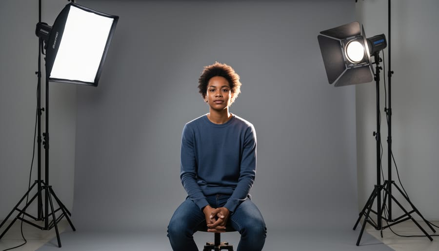 Portrait demonstrating three-point lighting technique with dramatic shadows and rim light separation