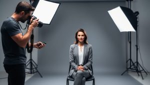 Studio portrait setup with a seated subject lit by a 45-degree softbox key, an umbrella fill near the camera, and a gridded backlight creating rim light, with a photographer holding a camera equipped with a wireless trigger; blurred seamless backdrop and light stands in the background.