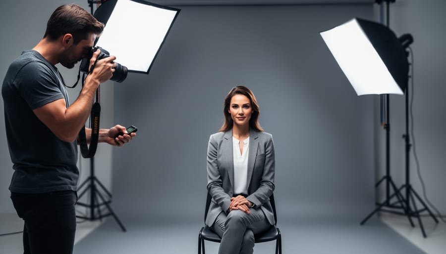 Studio portrait setup with a seated subject lit by a 45-degree softbox key, an umbrella fill near the camera, and a gridded backlight creating rim light, with a photographer holding a camera equipped with a wireless trigger; blurred seamless backdrop and light stands in the background.