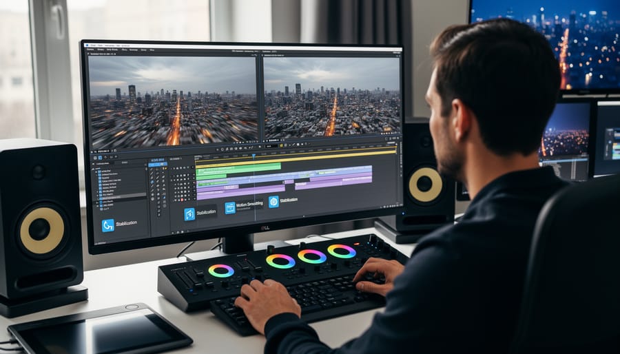 Video editor working on time-lapse stabilization at computer workstation with dual monitors