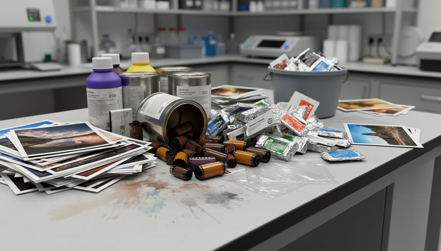 Overhead view of discarded photo prints with plastic packaging showing environmental waste