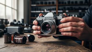 Close-up angled view of a vintage medium format camera on a wooden workbench with interchangeable backs and 120 film rolls, inspected by hands under soft window light, with blurred camera shop shelves in the background and no visible text or logos.