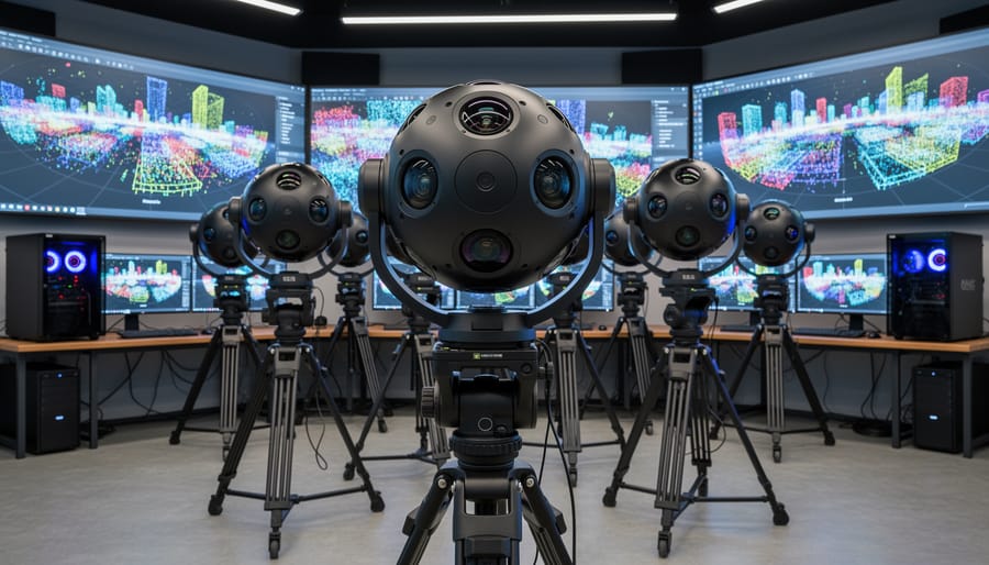 Multi-lens 360-degree VR camera rig on tripod in outdoor environment