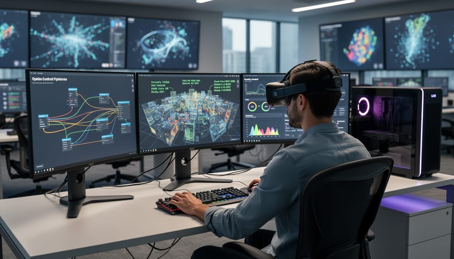 Photographer reviewing 360-degree VR content on professional workstation monitor