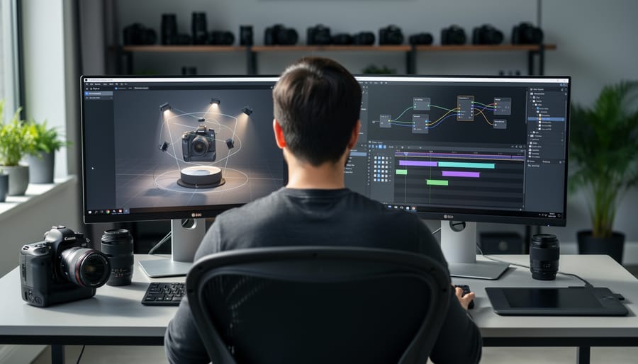 Photographer working with VR editing software on laptop computer