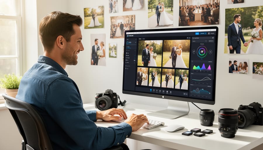 Wedding photographer reviewing and editing multiple photos on laptop at event venue