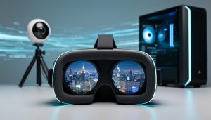 Close-up of a VR headset with a sharp panoramic scene reflected in one lens; blurred background includes a 360 camera on a tripod and a PC workstation with cool blue lighting and subtle light trails suggesting data flow.