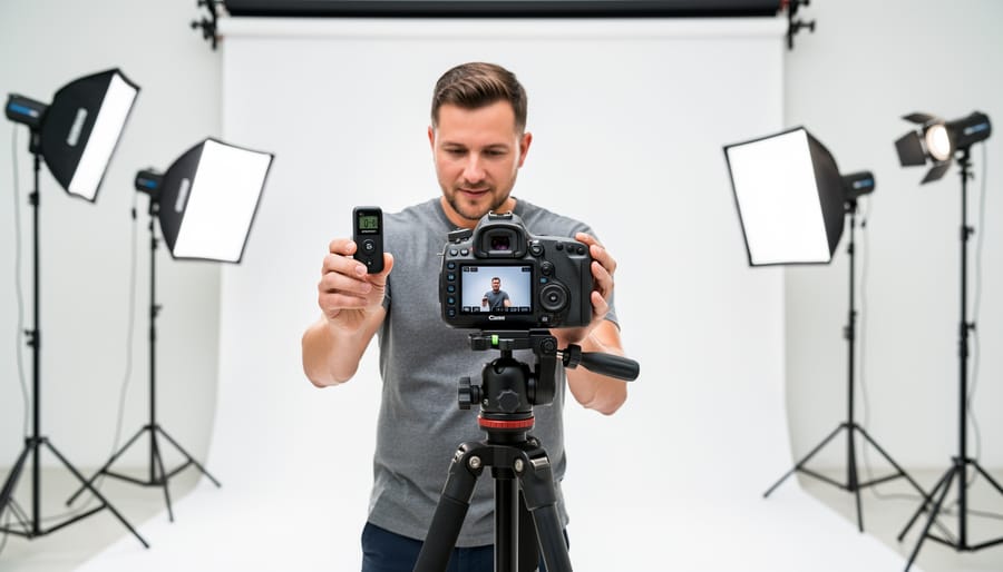 Wireless flash trigger mounted on camera with studio lights in background