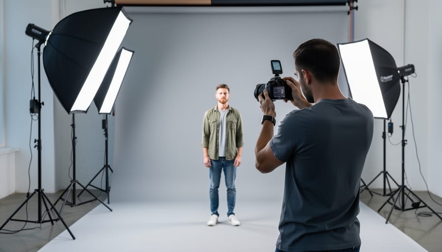 Photographer controlling wireless three-light setup from camera position in studio