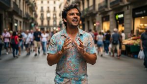Medium shot of a Barcelona street performer captured by a photographer, with blurred crowd and storefronts in the background to suggest the need for a model release.