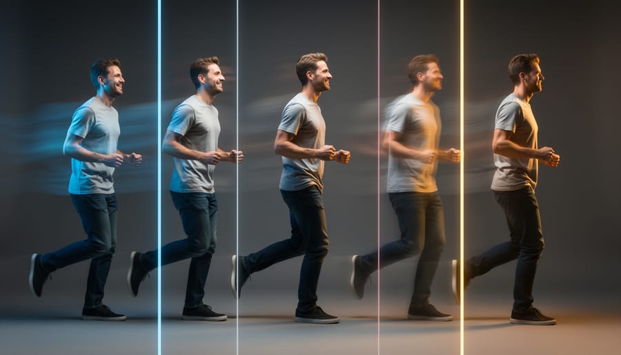 Camera gimbal moving through a corridor with warm-to-cool lighting shift suggesting a transition moment