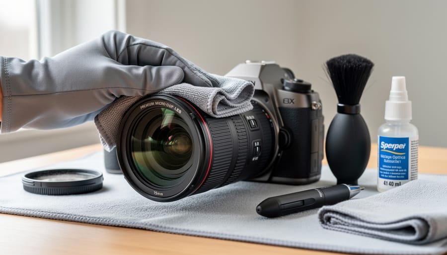 Hands cleaning a professional camera lens with a blower and microfiber cloth