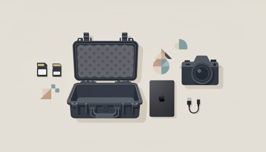 Hard camera case open with memory cards, an external SSD, and a laptop on a desk