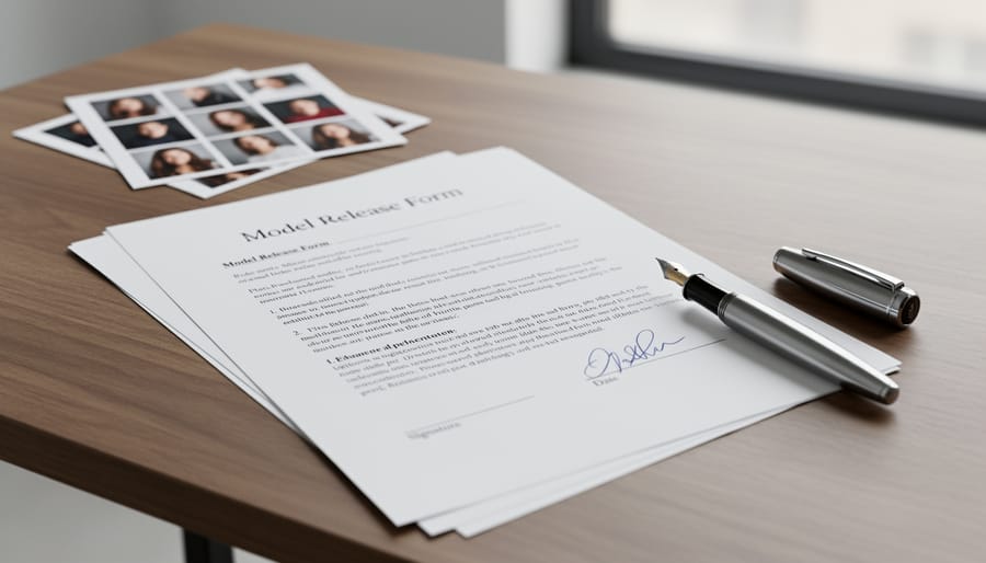 Document, pen, and clipboard arranged for signing next to a camera with blurred background.