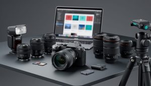 A realistic layout of professional photography gear including a camera body, multiple lenses, a flash, a tripod, memory cards, and editing equipment.