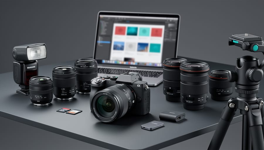 A realistic layout of professional photography gear including a camera body, multiple lenses, a flash, a tripod, memory cards, and editing equipment.