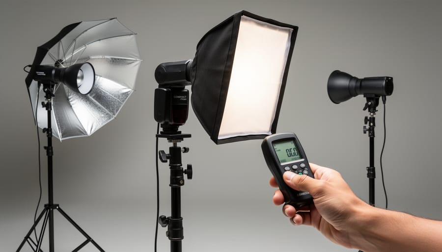 Speedlight lighting gear with softbox and light meter in a studio setup