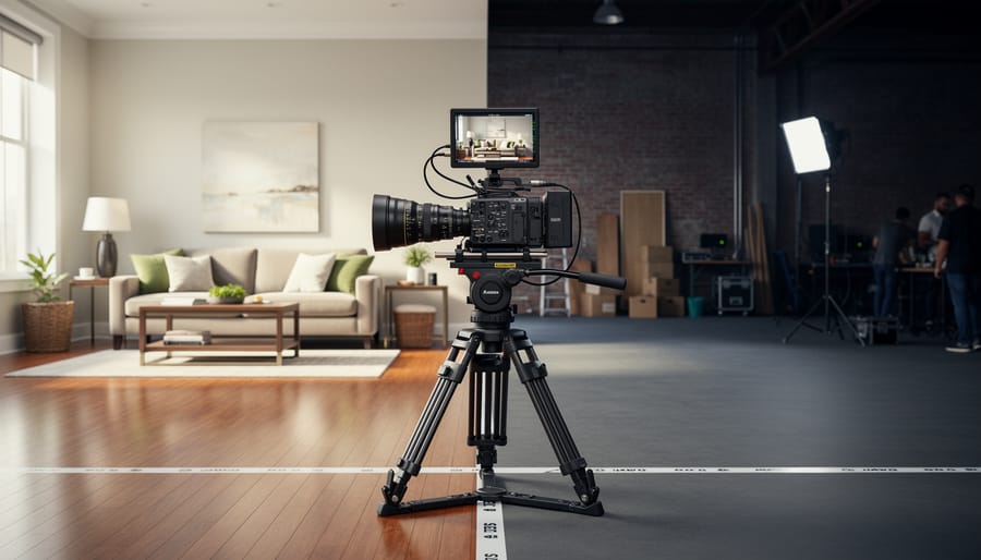 Tripod camera aimed at a studio set boundary where two color tones meet