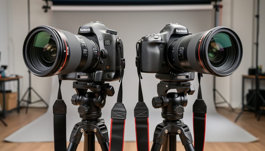 Two professional camera bodies on a wooden workbench with a lens mounted between them