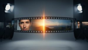 Cinematic video transition concept showing a glowing blend between two film frames, with a portrait on one side and a landscape on the other, in a professional studio lighting setup.