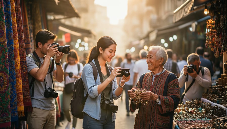 A photographer kneeling on a street to photograph a person wearing traditional patterned clothing.