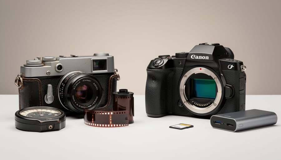 A vintage film strip and camera lens resting beside a modern mirrorless camera body on a wooden tabletop