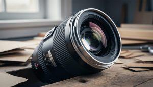 Close-up of a modern camera lens on a workbench with internal glass reflecting light, suggesting a biconcave optical element and a sustainable photography theme.