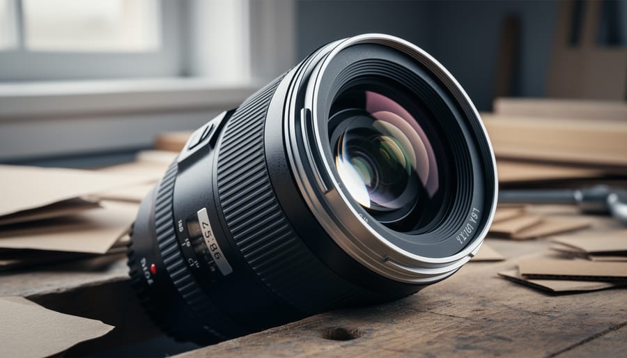 Close-up of a modern camera lens on a workbench with internal glass reflecting light, suggesting a biconcave optical element and a sustainable photography theme.