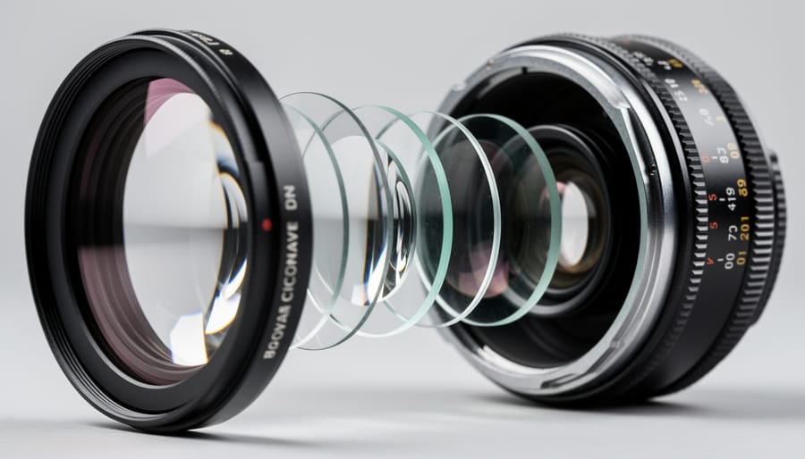 Camera lens assembly on a workbench showing internal glass elements in sharp focus.